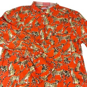 Tizzie Orange Cheetah Long Bell Sleeve Button Up Women's Stretch Blouse Shirt M
